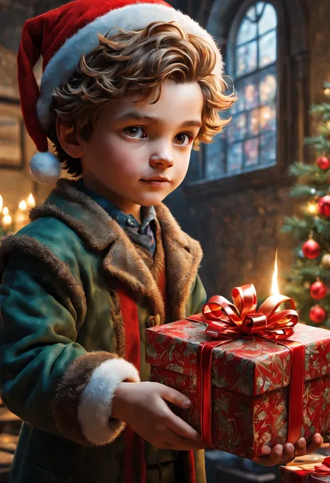 boy with Christmas gift, (by Leonardo), intricate, (masterpiece, Representative work, official art, Professional, unity 8k wallpaper:1.3)