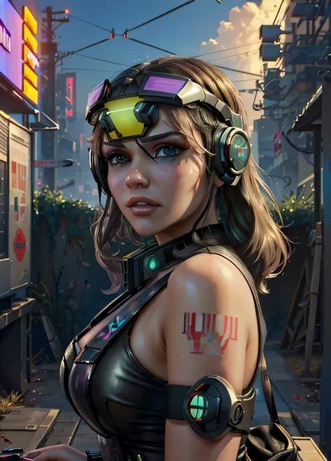 ((best quality)), ((masterpiece)), (highly detailed:1.3), 3d, beautiful cyberpunk woman,(wearing head-mounted display that is ch...