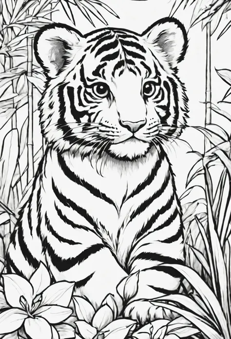 line drawing, pixar style, coloring page, a cute tiger cub resting among vibrant orchids in an asian-inspired bamboo forest, col...