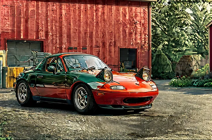 The Allafard RED Porsche 964 is parked in front of the garage, Highly detailed hyperreal retro, Porsche 964, Porsche 964,, Ultra-detailed 3D rendering, Ultra-detailed 3D rendering, Porsche 964, 3D Ultra-Realistic Rendering, veranda, hyper realistic renderi...