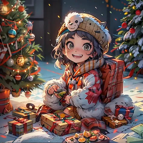 christmas，enviroment，A cute girl，wearing christmas clothes，Accept gifts，Anatomical correct，（high high quality），（A high resolution）,The content is very detailed，8k,high qulity，high detal