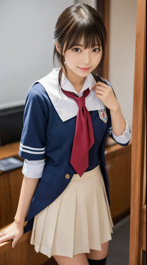 (Best Quality,8K,Raw photo,Realistic,High resolution:1.2),(cute Japanese girls),(Medium:1.20),(Slim body、Naughty body),(Japan High School School Uniform),(school classrooms),(18year old、difficult、Takamine Flower、Male classmate POW、The presence of idoleauti...