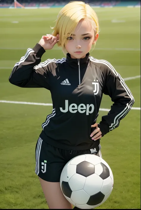 cute girl, soccer player, Wearing a Juventus tracksuit, football, soccer player, Juventus Football Club, Short yellow hair, on the field, Girl playing, A beautiful picture on the field, like a picture of one of the famous players