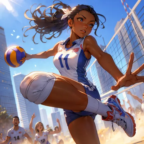 (Best Quality, masutepiece),ultra detailed photographic,1girl in, female volleyball player ,Large breasts,nice legs,ahot a ball,At the volleyball venue,Detailed beautiful face,Beautiful eyes,detailed hairs,detailed  clothes,Detailed realistic skin,Cool,Dyn...