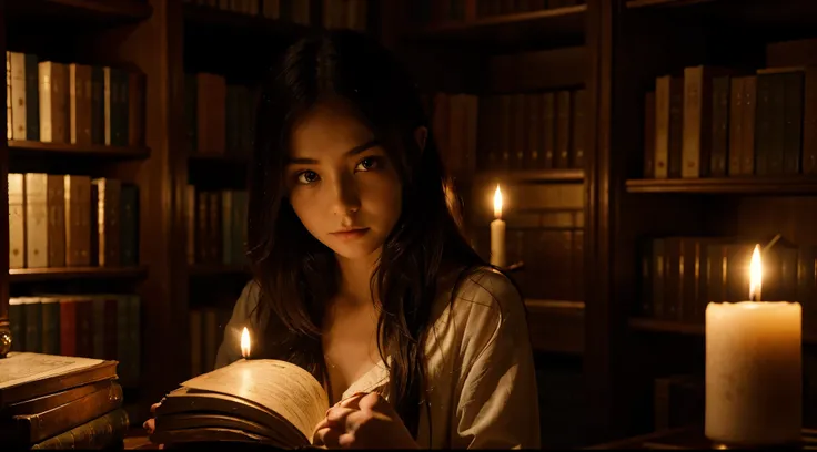 Aria, bathed in the soft glow of candlelight, stands amidst ancient manuscripts in the Elven library. The air is filled with a sense of mystery as she discovers the forgotten prophecy, her eyes widening with a mixture of curiosity and trepidation.