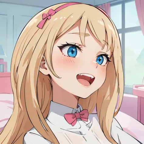 hiquality, tmasterpiece (One teenage girl). blonde woman. blue eyes. ssmile. open mouth with teeth. white  shirt. Pink Bow. In the background is a girl&#39;At the same time, If you.