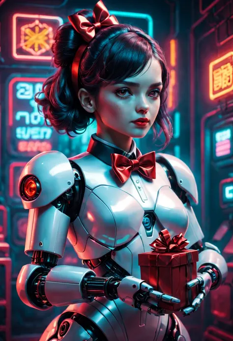 a girl holding a Christmas present, a robotic butler with a red bow tie, cyberpunk style, detailed robotic features and metallic textures, colorful neon lights, futuristic backdrop, high-quality rendering, vivid colors, 3D digital illustration