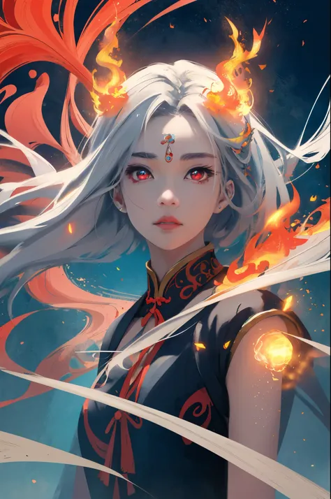 real quality、Best quality at best、offcial art、Beauty and aesthetics：1.2、Very detailed fractal art、Colorful abstract background、that daughter、Shang Ming、Hair color、Long gray hair、luminous red eyes、mysterious magic、Fire Girl，Red and blue color scheme，电影灯光