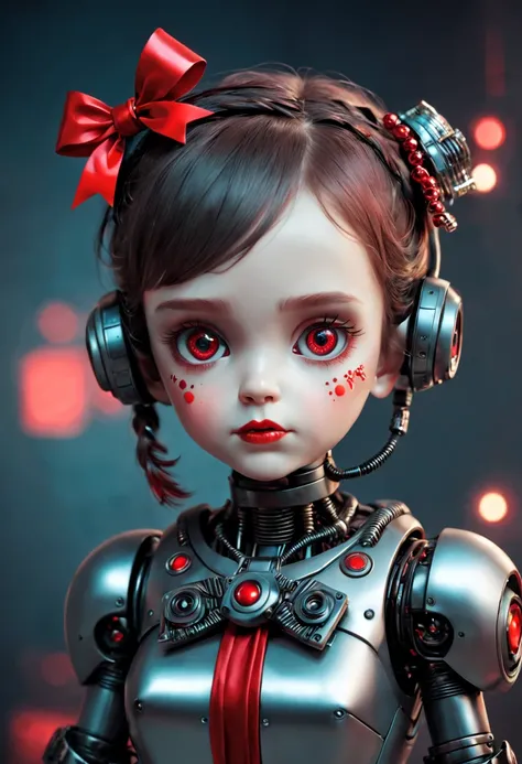 Christmas gift is a little girl robot decorated with a red bow，cyber punk style