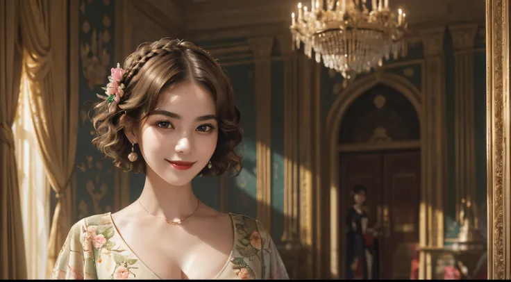 140
(a 20 yo woman,in the palace), (A hyper-realistic), (high-level image quality), ((beautiful hairstyle 46)), ((short-hair:1.46)), (kindly smile), (breasted:1.46), (lipsticks), (is wearing dress), (murky,wide,Luxurious room), (florals), (an oil painting、...