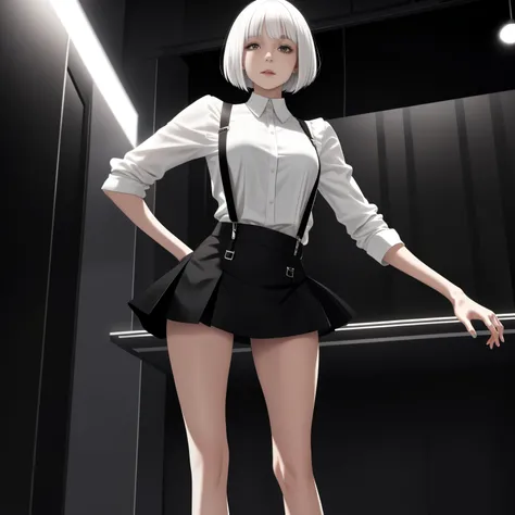 skinny female with white bobcut wearing black skirt with suspenders and a white shirt, wearing black ballet shoes