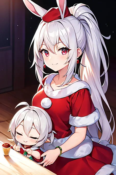 white hair girl, child,Rabbit, Half Dragon,light brown hair, Ponytail, santa hat, Mole under the eyes, earrings, lightsmile, Anime, Anime style, Tachi-e, One-person viewpoint, nffsw, masutepiece, ccurate, Textured skin, Super Detail, high details, High qua...