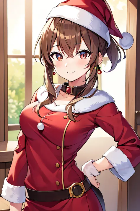 light brown hair, Ponytail, santa hat, Mole under the eyes, earrings, lightsmile, Anime, Anime style, Tachi-e, One-person viewpoint, nffsw, masutepiece, ccurate, Textured skin, Super Detail, high details, High quality, Best Quality, 16 K