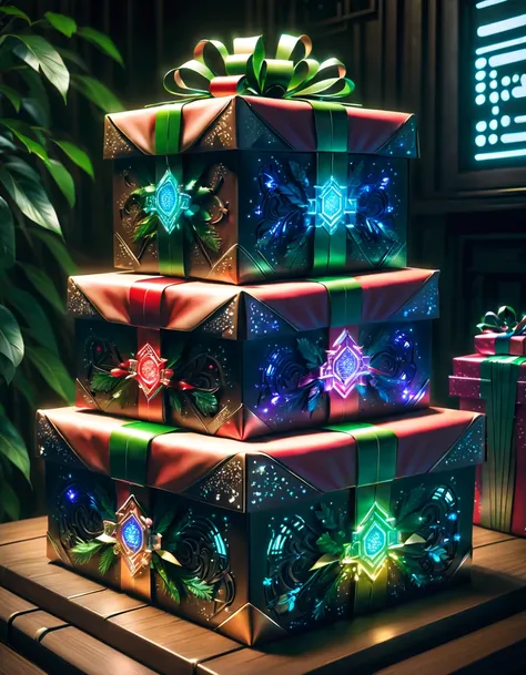 (((1件传统和未来融合的Christmas gifts)))，(cyberpunk gifts)，(Christmas gifts、glowing gift)、Gifts in the cyberpunk room、(future gift、Packaging of the future)、Gifts in the neon room、gift with luminous pattern、Gift wrapped in cyberpunk style、future gift、Christmas prese...