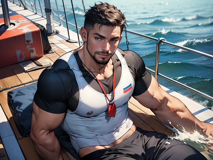 sexy mature daddy, tanned-skin, big bulge, darker skin, stubble, muscular, seasoned sailor, nautical attire, on deck of a sailboat, sea horizon