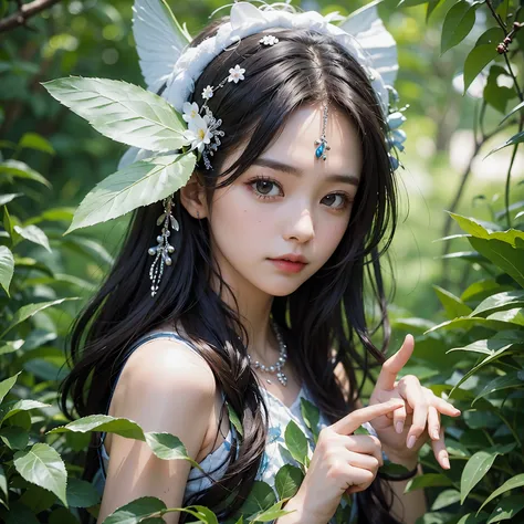 beautiful girlfriend、Dwelling in the forest、Fairy-like beauty、feater、angelicales、Glittering costumes、Wearing the wind、High Style、Detailed skin、Detailed eyes、Detailed lips、ssmile、Small Devil、