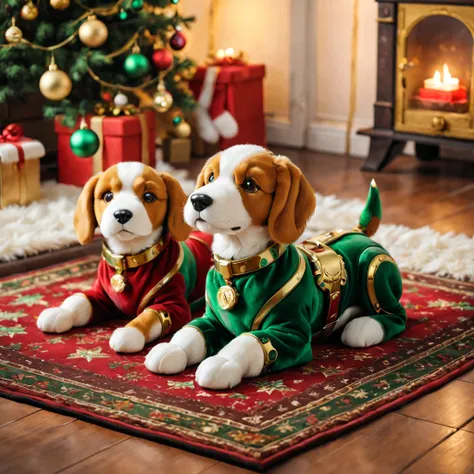 Christmas gift is a cute mechanical dog，饰有rot色蝴蝶结，Bright colors（rot、green、golds），Mechanical dog is placed on a cozy rug，Scene created by soft lighting