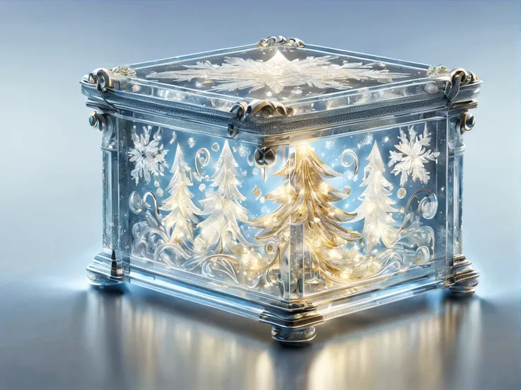 Glass Christmas tree and gift box:transparent and beautiful:Complex pattern:Decorate with gold, silver, and jewels,芸術的なopticと影,stele,yuki,a hologram,やわらかくopticる,FrostedStyle,photoRealstic,Studio Lighting,Piece of art,optic,Fancy details,Magical,​masterpiec...