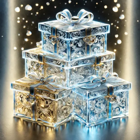 Christmas presents made of glass:transparent and beautiful:Complex pattern:Decorate with gold, silver, and jewels,芸術的なopticと影,stele,yuki,a hologram,やわらかくopticる,FrostedStyle,photoRealstic,Studio Lighting,Piece of art,optic,Fancy details,Magical,​masterpiece...