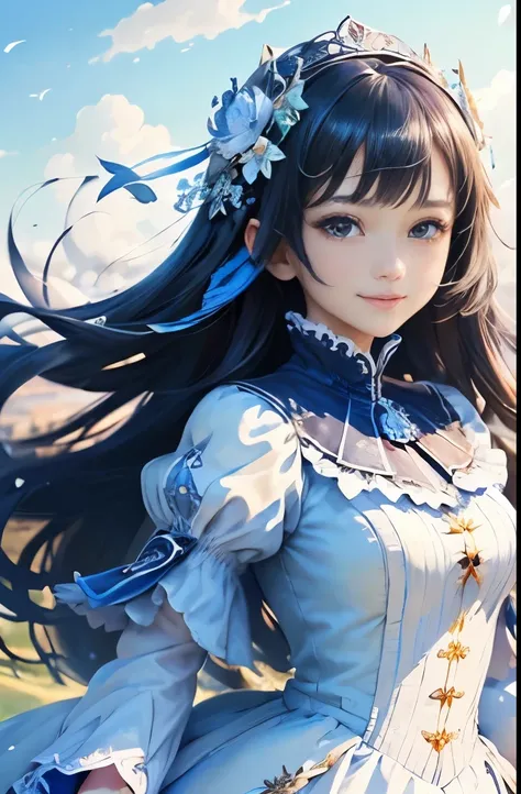 Blue Sky Background、((​masterpiece)))、(((top-quality)))、((ultra-detailliert))、(highly detailed CGillustration）、hime、Winddress、dress made of strange material、Wearing the wind、gorgeous dress、Refreshing spring breeze、Perfect Angle、perfect-composition、dynamicp...