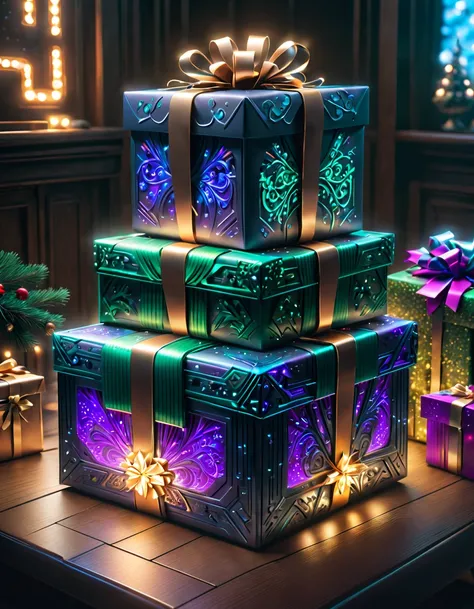 (((1件传统和未来融合的Christmas gifts)))，(cyberpunk gifts)，(Christmas gifts、glowing gift)、Gifts in the cyberpunk room、(future gift、Packaging of the future)、Gifts in the neon room、gift with luminous pattern、Gift wrapped in cyberpunk style、future gift、Christmas prese...