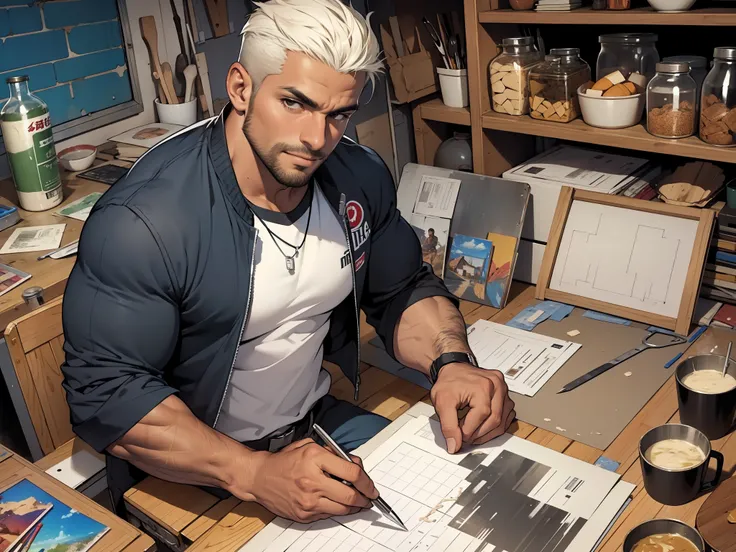 sexy mature daddy, tanned-skin, big bulge, darker skin, stubble, muscular, talented sculptor, art studio, clay and tools, focused concentration