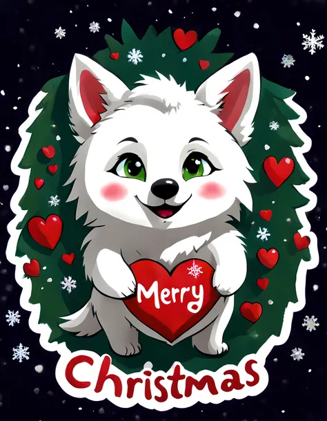 (Words that say "Merry Christmas" in the upper part of the image). | Cute cartoon (sticker) of an adorable white ((wolf cub)), (holding a big plush heart), ((soft smile, looking at the viewer)). | Vivid green eyes. | (shimmering snowflakes at night). | ((I...