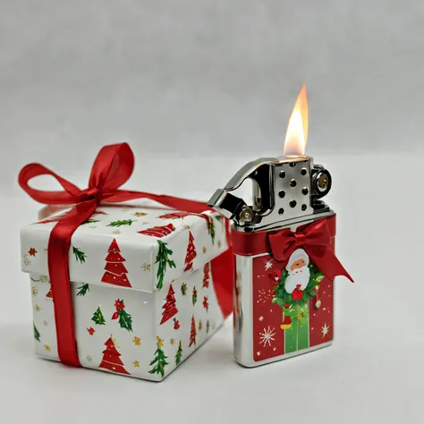 Christmas themed design lighter in gift box，Decorated with red bow,