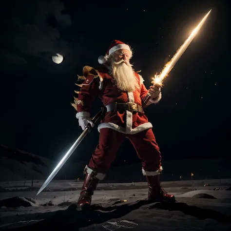 Santa Claus is on the moon. He is fighting a fearsome dragon. Santa Claus welds a candy can sword. He uses his magic Snowflake shield to protect himself from the dragons fire