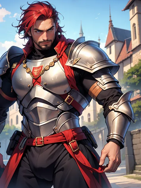 sexy mature daddy, red hair, majestic powerful armor, tanned-skin, big bulge, darker skin, stubble, muscular, noble knight, medieval armor, historic castle background, heroic stance