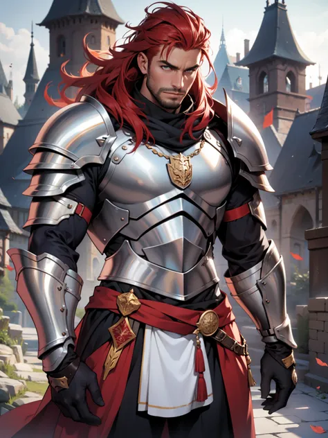 sexy mature daddy, red hair, majestic powerful armor, tanned-skin, big bulge, darker skin, stubble, muscular, noble knight, medieval armor, historic castle background, heroic stance