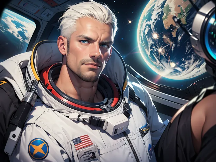 sexy mature daddy, tanned-skin, big bulge, darker skin, stubble, muscular, Aged astronaut in sleek space suit, holding a lunar rock, with Earth visible in the background