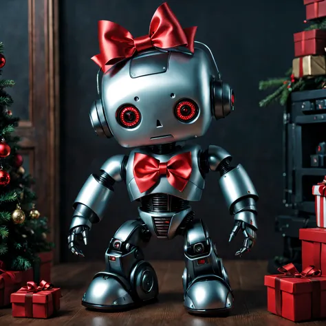 One Little Girl&#39;My Christmas gift is a butler robot decorated with a red bow，cyber punk style