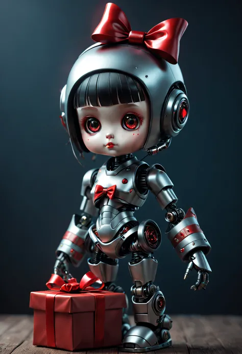 Christmas gift is a little girl robot decorated with a red bow，cyber punk style