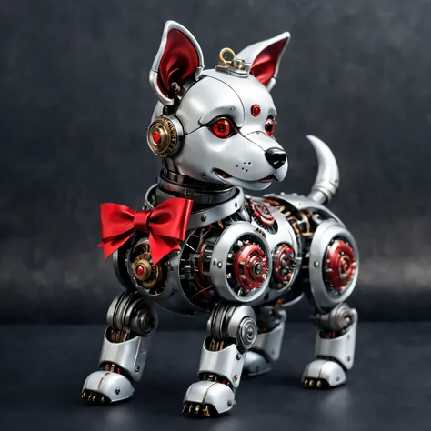 Christmas gift is a cute mechanical dog，Decorated with a red bow，cyber punk style