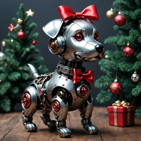 Christmas gift is a cute mechanical dog，Decorated with a red bow，cyber punk style