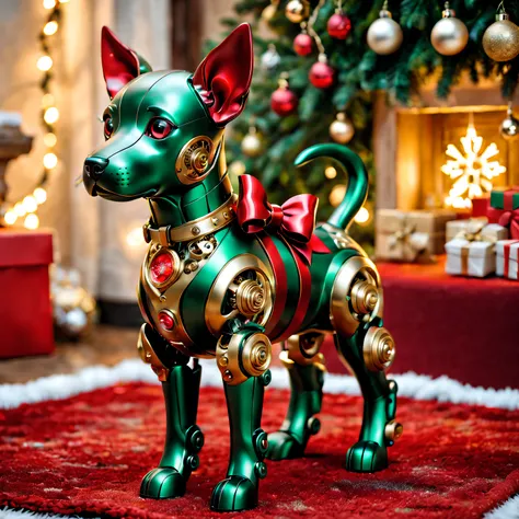 (Best quality at best,A high resolution:1.2),ultra - detailed,(actual:1.37) A cute mechanical dog with a Red bow [Christmas gifts], shiny metal body, complex mechanical joints, The bow is well made (perfectly tied together, vibrant Red color), Mechanical d...