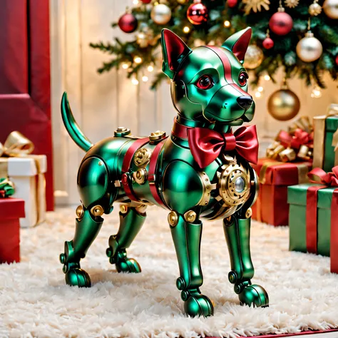 (Best quality at best,A high resolution:1.2),ultra - detailed,(actual:1.37) A cute mechanical dog with a Red bow [Christmas gifts], shiny metal body, complex mechanical joints, The bow is well made (perfectly tied together, vibrant Red color), Mechanical d...