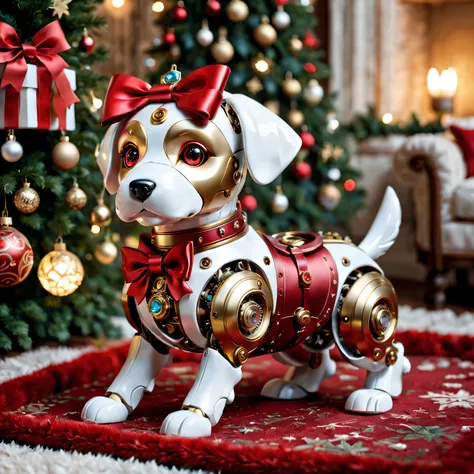 (Best quality at best,A high resolution:1.2),ultra - detailed,(actual:1.37) A cute mechanical dog with a Red bow [Christmas gifts], shiny metal body, complex mechanical joints, The bow is well made (perfectly tied together, vibrant Red color), Mechanical d...