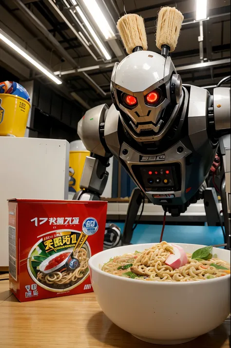 A super evolved robot and a bowl of lychee instant noodles are fighting