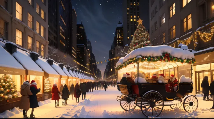 (best quality,4k,8k,highres,masterpiece:1.2),ultra-detailed,(realistic,photorealistic,photo-realistic:1.37),festive Christmas atmosphere,newly fallen snow,bustling cityscape of New York City,towering skyscrapers,sparkling lights,ornately decorated Christma...