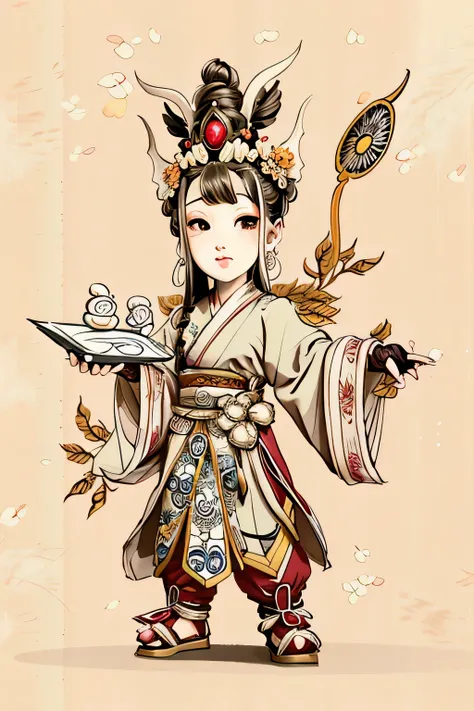 arafed drawing of a woman in a Chinese traditional costume holding a tray, ancient china art style, asura from chinese myth, Artist with calligraphy skills, Chinese traditional art, akira based on traditional cultural elements，一位Artist with calligraphy ski...