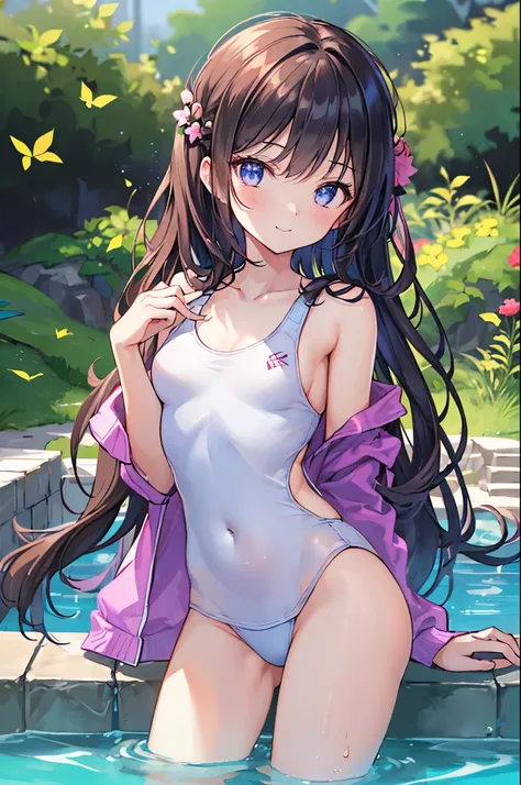 ((4ｋ、8ｋ、top-quality、Perfect Finger：1.Elfect Anatomy：1.3、Blur the background))、((14years、Small breasts))、（1 girl in、The first person has straight long hair）、A smile、（Depiction of the body of a swimming wear、zoomout、in poolside、