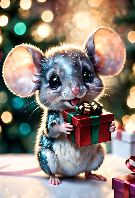 ultra detailed cute mouse holding a christmas gift, shimmer, bokeh