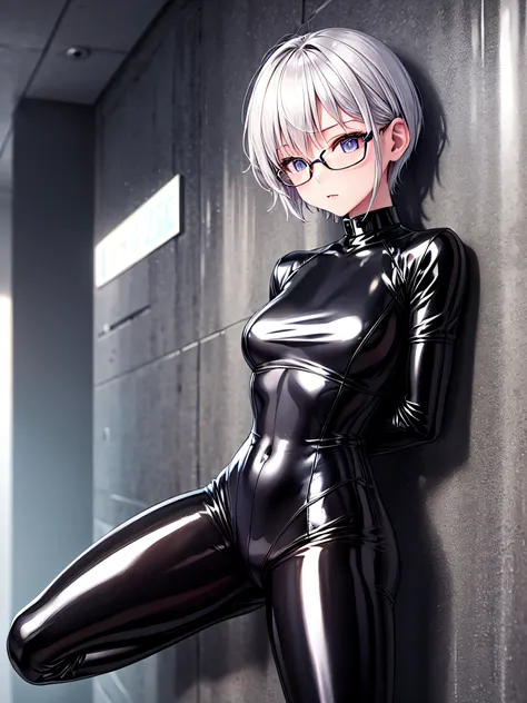 5 8k uhd、a beauty with short silver hair and glasses、black metallic latex sweatsuit posing with open legs、black metallic latex s...