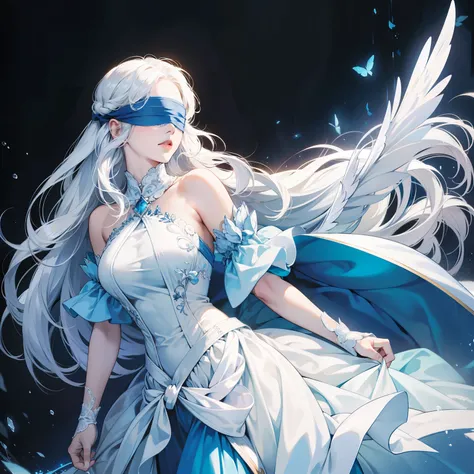 Masterpiece, high quality, best quality, HD, realistic, perfect lighting, detailed body, 1 woman, wear blindfold, long hair, white Hair, white & blue Scary & sexy dress, set background.