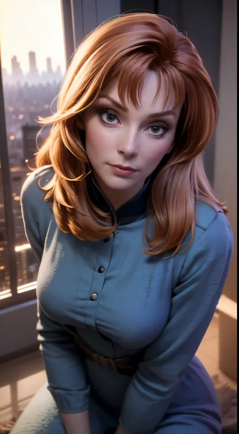 photo of Gates McFadden, RAW, beautiful woman, ((portrait)), ((detailed face:1.2)), ((detailed facial feature, detailed skin, clear skin), (perfect proportioned body), kneeling looking up at camera, (wearing a colorful dress) (high detailed city environmen...