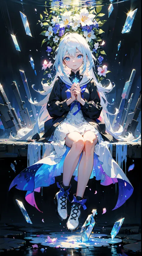 ((best quality)), ((masterpiece)), (detailed), little girl, dark blue and white dress, girl in a buble, sitting, flowers, expressionless, boots, white hair, blue eyes, glass texture, light transmission, spectral light, gradient translucent glass melt, caus...