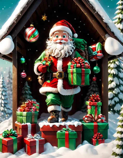 （（（Cute Santa Claus carrying a backpack，It contains gifts and a bag of sweets，Standing inside an open gift box））），Robin perched overhead，Christmas elements，illustratio，3Drenderingof，snow covered ground，festive decorations，candy wrapperestival clothing qual...