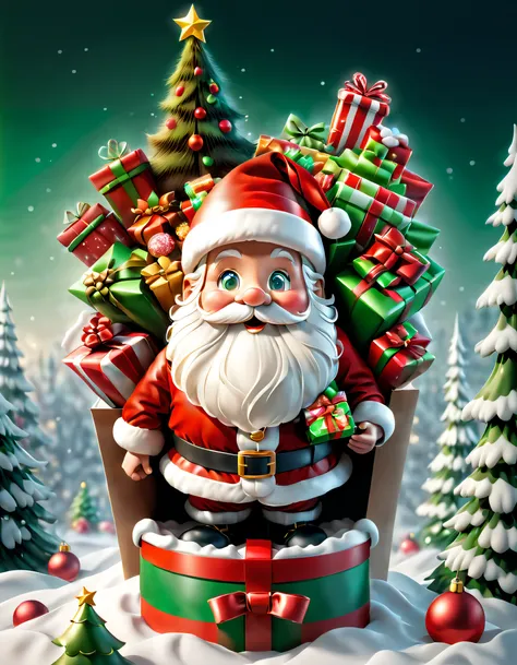 （（（Cute Santa Claus carrying a backpack，It contains gifts and a bag of sweets，Standing inside an open gift box））），Robin perched overhead，Christmas elements，illustratio，3Drenderingof，snow covered ground，festive decorations，candy wrapperestival clothing qual...